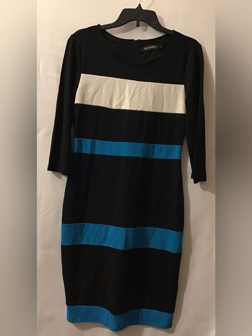 Woosea Black Midi Dress with White and Blue Stripes